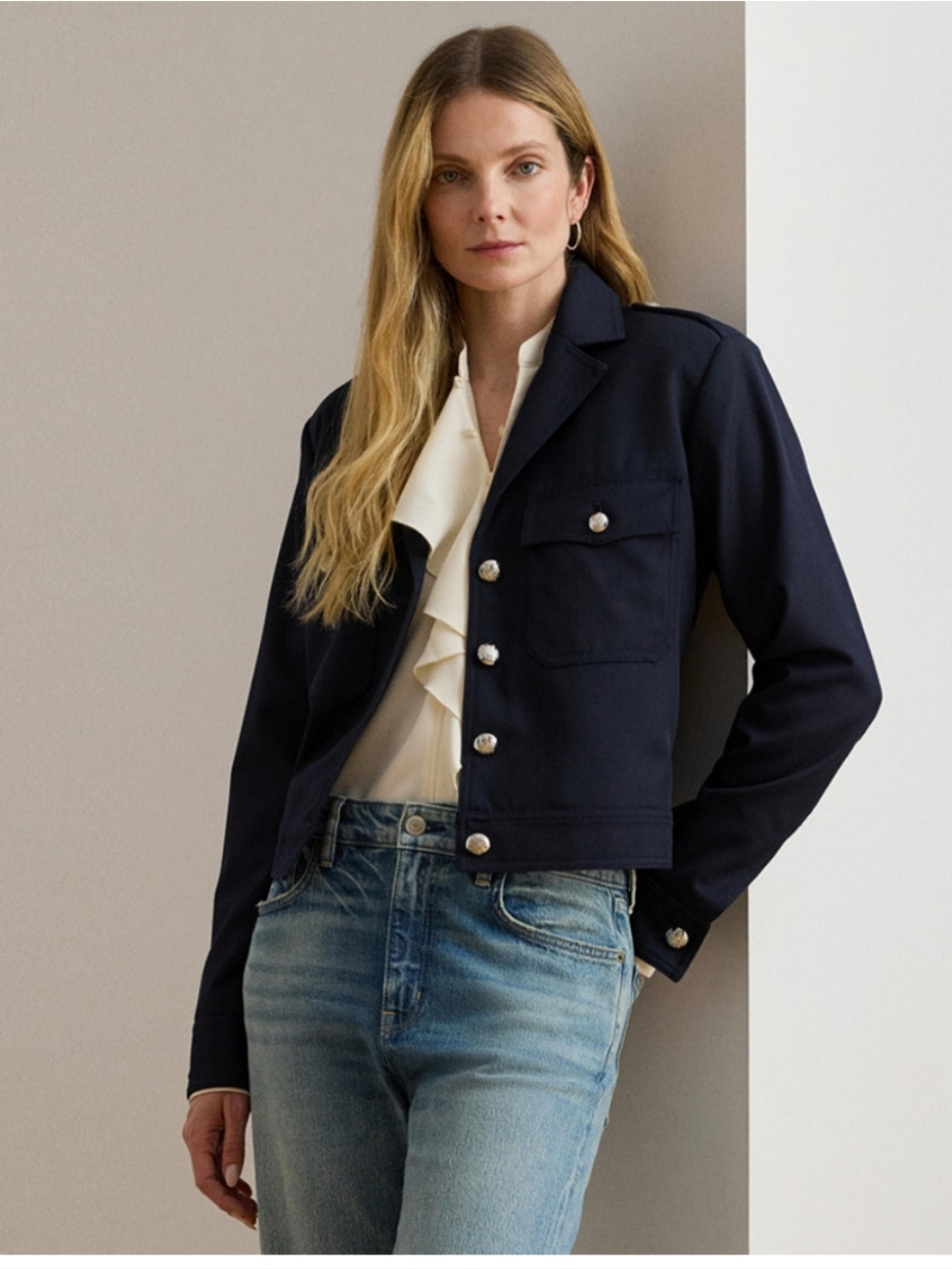 Lauren Ralph Lauren Navy Cropped Military-Style Blazer with Silver Buttons